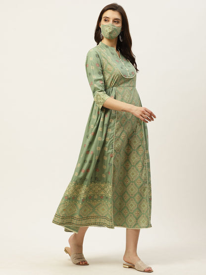 Women's Mexican Printed Flared Kurta Dress With Mask