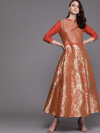 Women's  Orange & Golden Self Design Maxi Dress