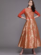 Women's  Orange & Golden Self Design Maxi Dress