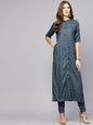 Women's  Teal Blue & Golden Printed Straight Kurta