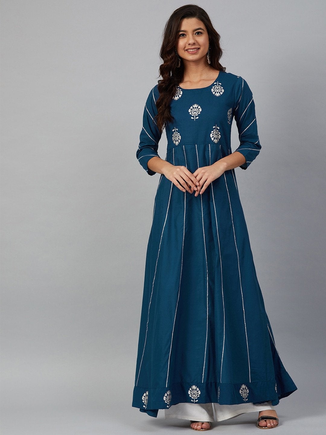 Women's Teal Blue & Silver-Toned Printed Anarkali Kurta