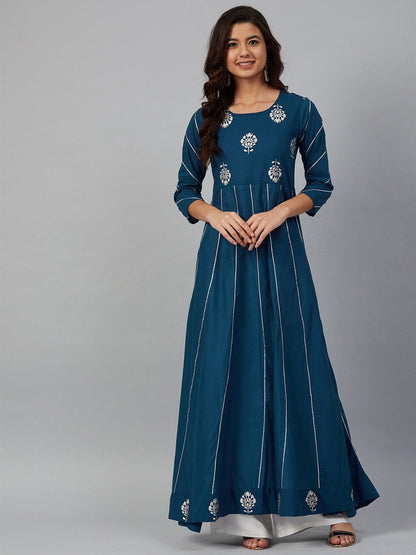 Women's Teal Blue & Silver-Toned Printed Anarkali Kurta