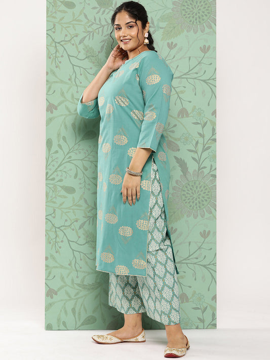Women's Blue Ethnic Motifs Printed Regular Cotton Kurta With Trousers Set