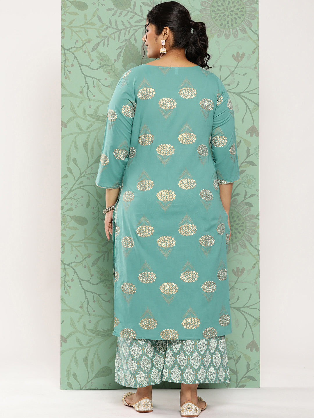 Women's Blue Ethnic Motifs Printed Regular Cotton Kurta With Trousers Set