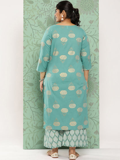 Women's Blue Ethnic Motifs Printed Regular Cotton Kurta With Trousers Set