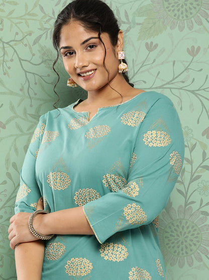 Women's Blue Ethnic Motifs Printed Regular Cotton Kurta With Trousers Set