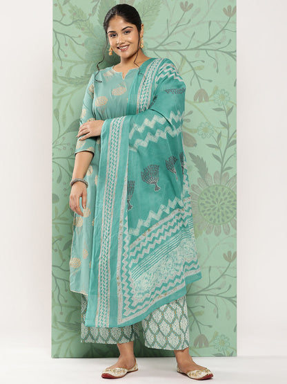 Women's Blue Ethnic Motifs Printed Regular Cotton Kurta With Trousers With Dupatta