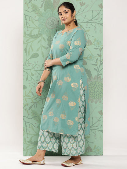 Women's Blue Ethnic Motifs Printed Regular Cotton Kurta With Trousers With Dupatta