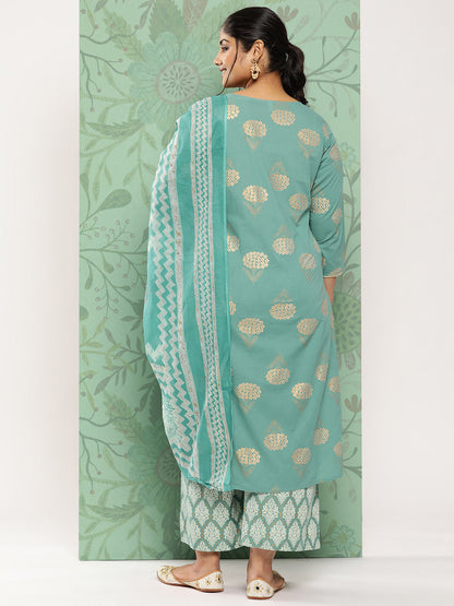 Women's Blue Ethnic Motifs Printed Regular Cotton Kurta With Trousers With Dupatta