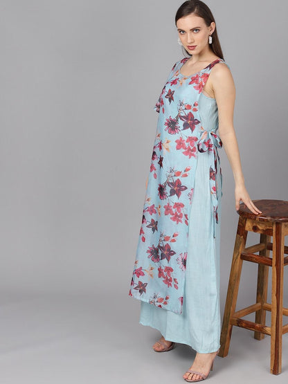 Women's  Blue & Pink Printed Layered Maxi Dress