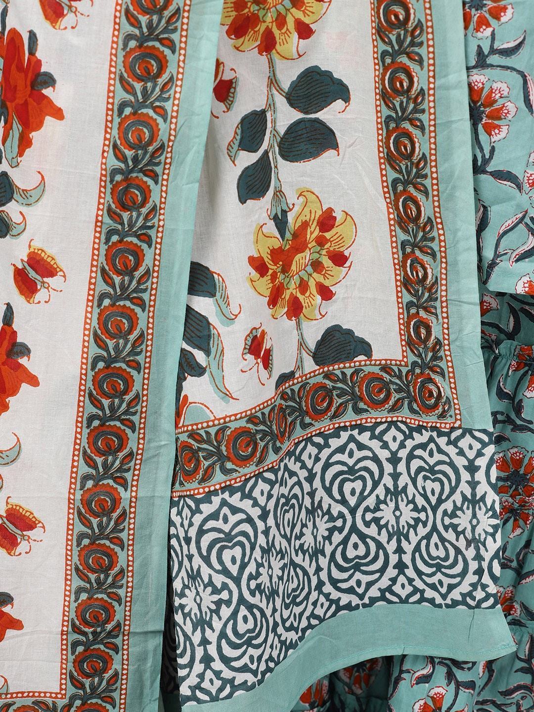Women's  Teal Blue & Brown Printed Kurta with Sharara & Dupatta