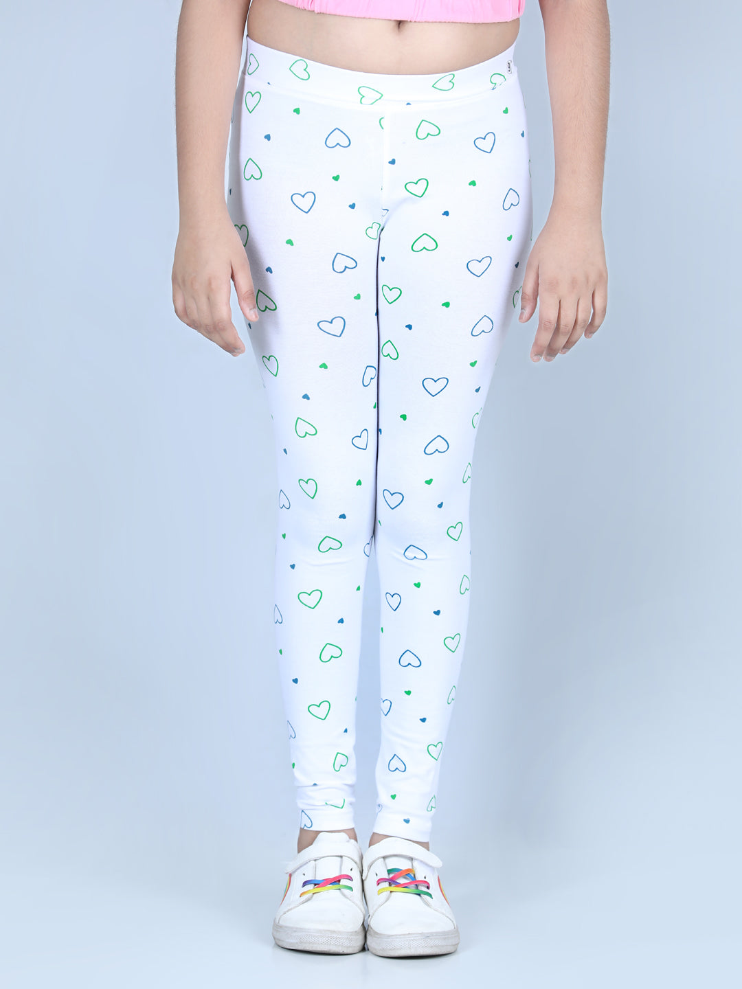 Girl's Heart Printed Leggings With Flat Waistband- White - S