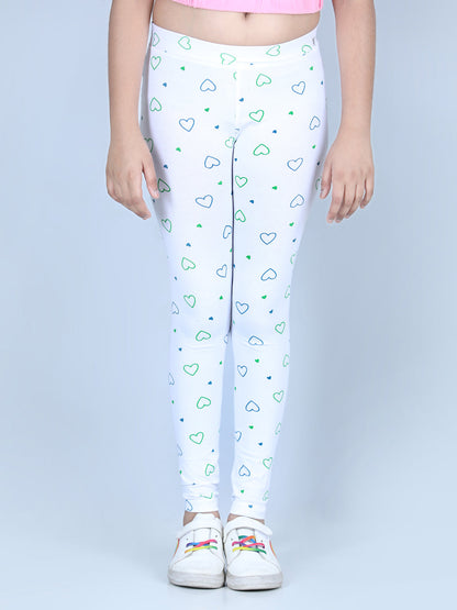 Girl's Heart Printed Leggings With Flat Waistband- White - S