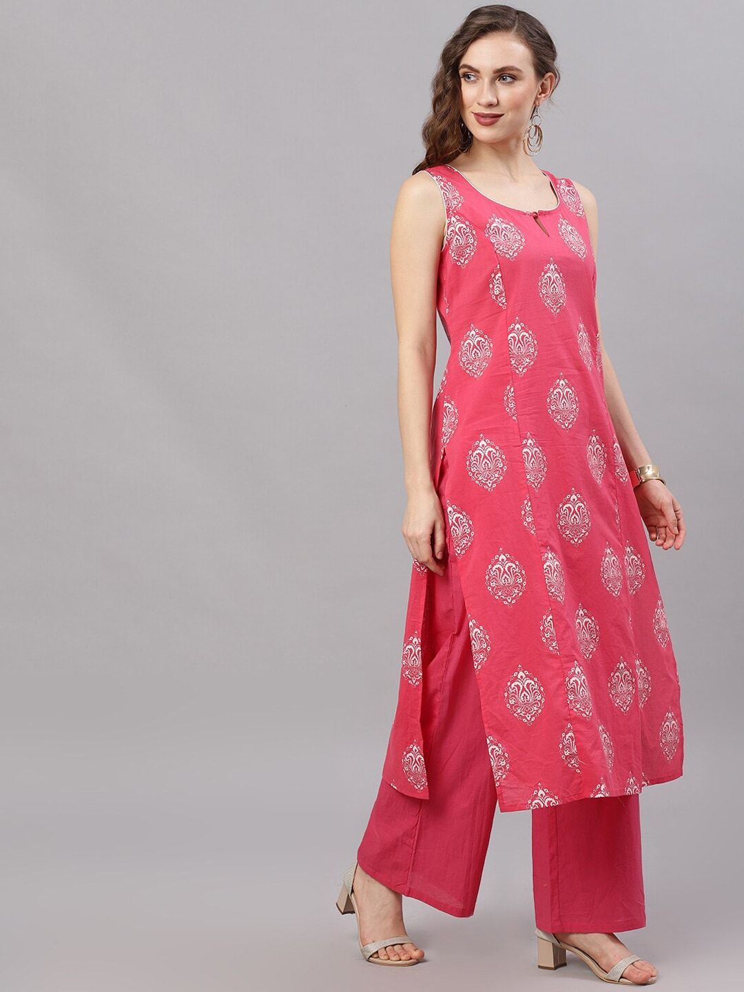 Women's  Pink and Silver Khari print Kurta with solid Palazz