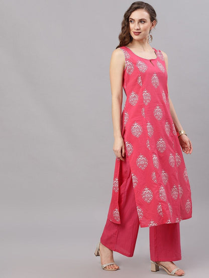Women's  Pink and Silver Khari print Kurta with solid Palazz