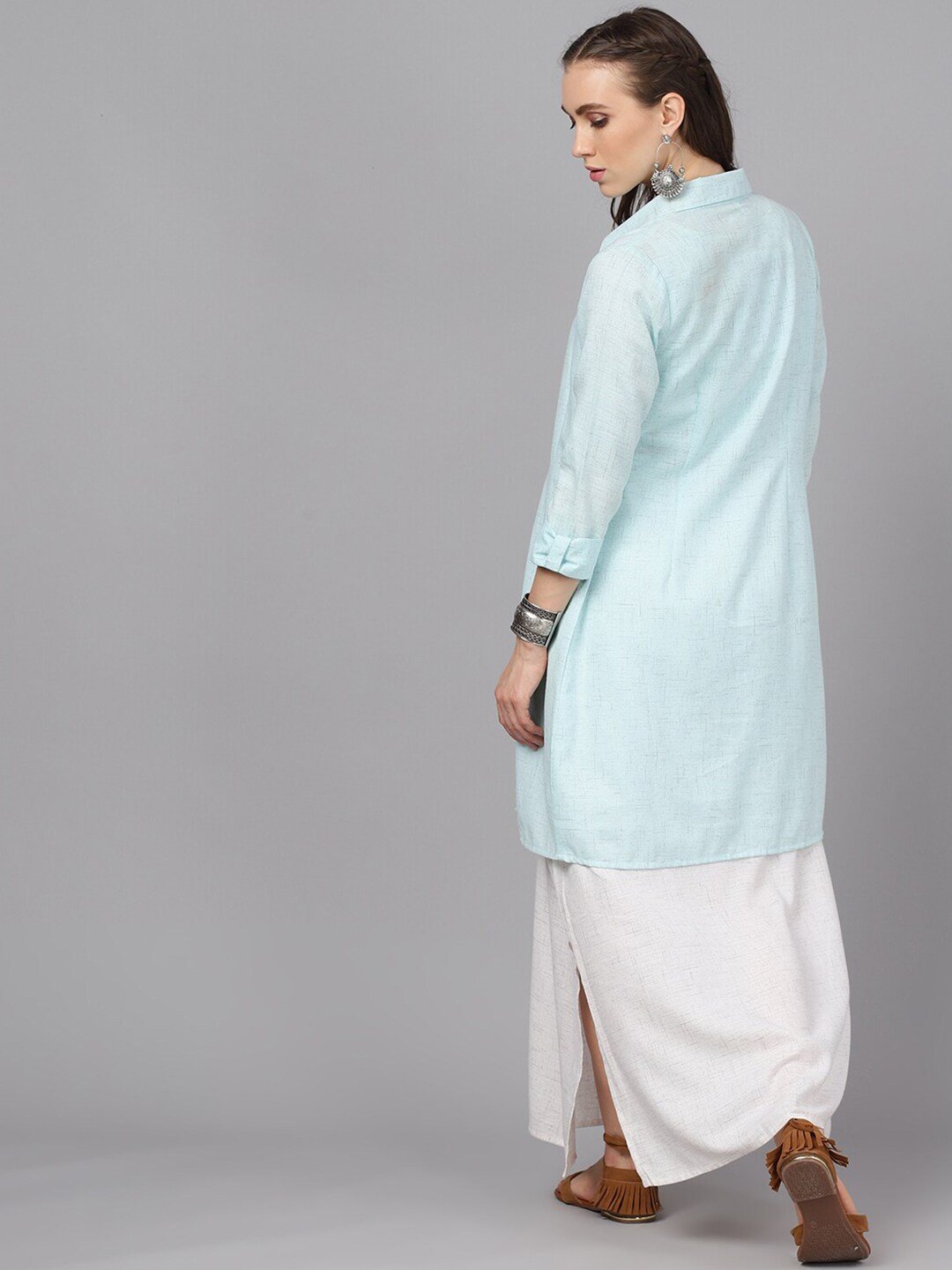 Women's  Turquoise Blue Solid Longline Open Front Jacket