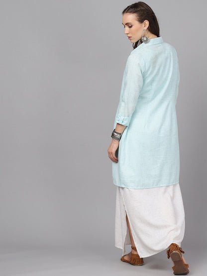 Women's  Turquoise Blue Solid Longline Open Front Jacket