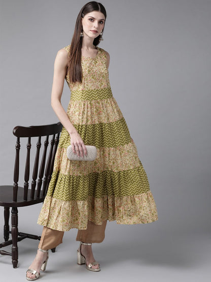 Women's  Cream-Coloured & Green Khari Print Tiered A-Line Kurta