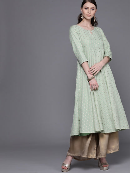 Women's  Green & Golden Woven Design Empire Anarkali Kurta