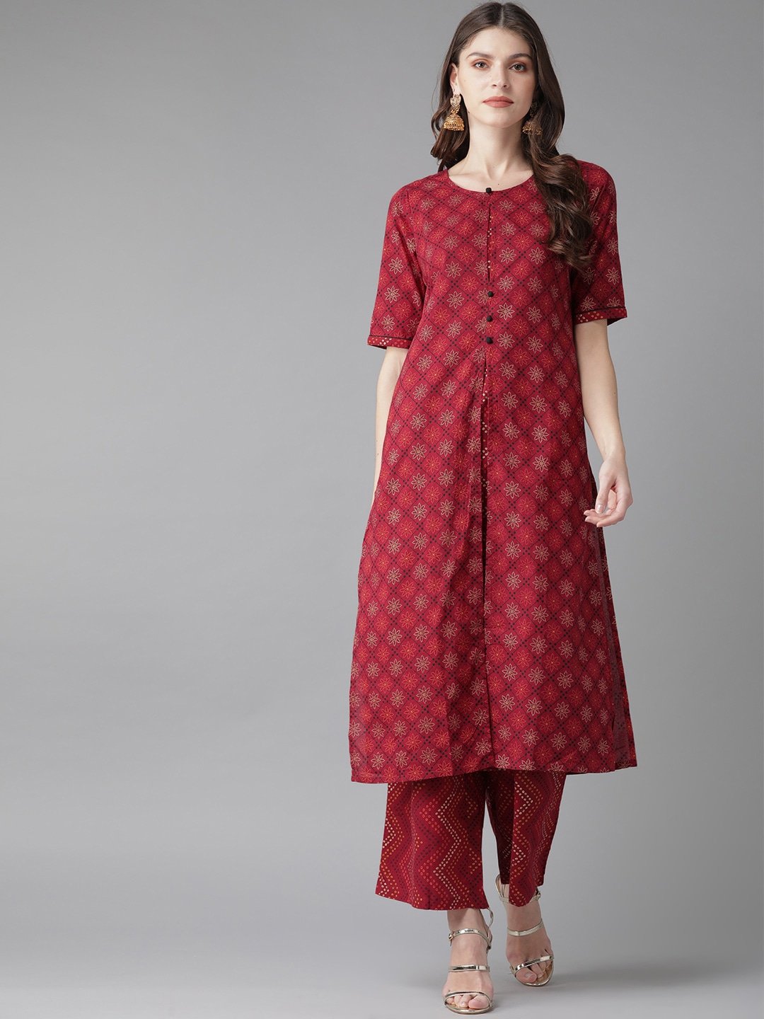 Women's  Maroon & Golden Printed Kurta with Palazzos