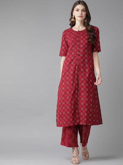 Women's  Maroon & Golden Printed Kurta with Palazzos