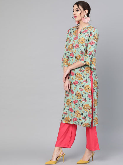 Women's  Sea Green & Pink Printed Kurta with Palazzos
