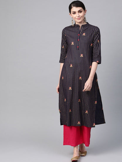 Women's Navy Blue & Golden Striped Straight Kurta
