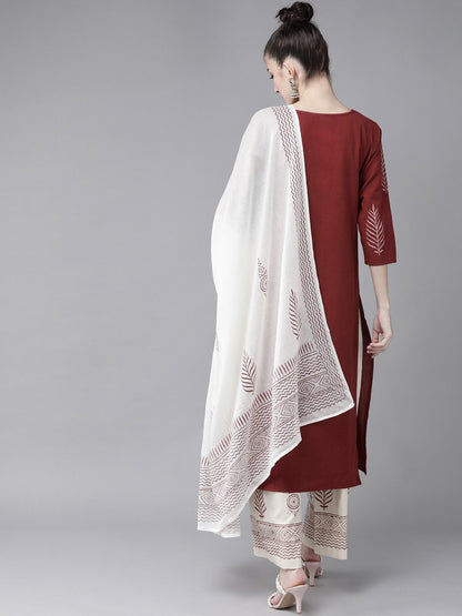 Women's Maroon & Offwhite Embroidered Kurta Set