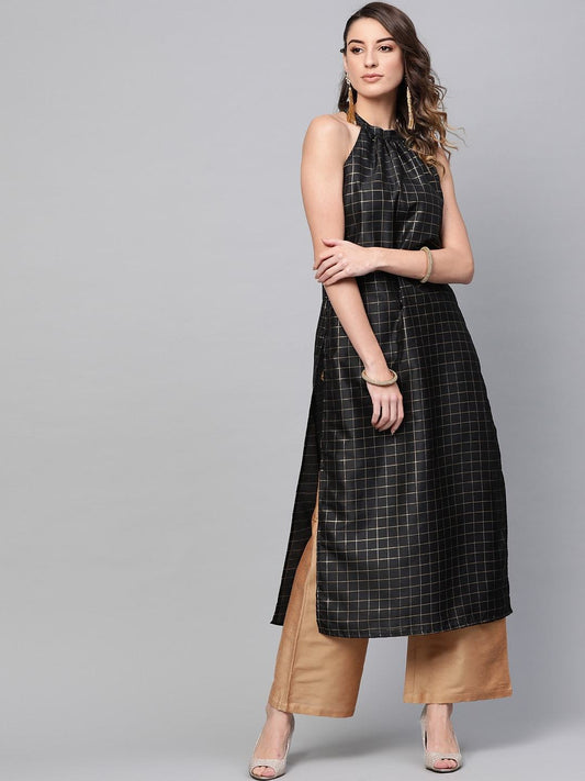 Women's  Black & Golden Checked Straight Kurta