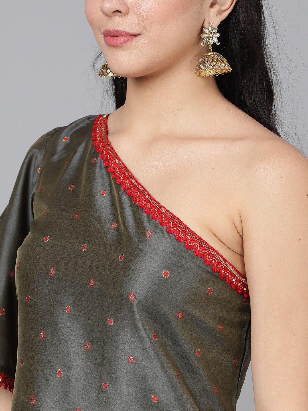 Women's  Olive Brown & Red Woven Design One Shoulder Straight Kurta