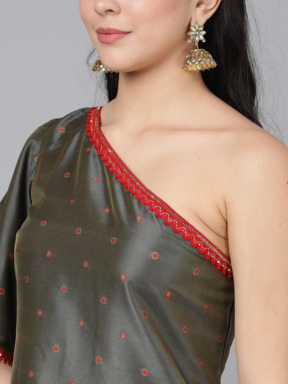 Women's  Olive Brown & Red Woven Design One Shoulder Straight Kurta