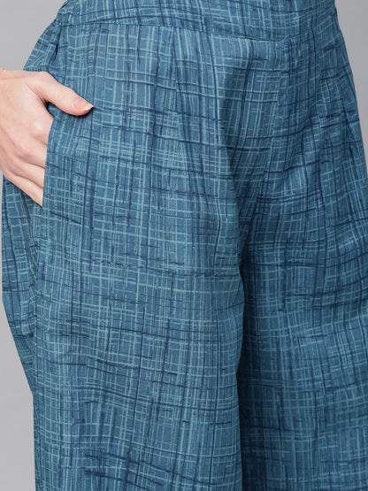 Women's  Navy Blue Self-Checked Kurta with Palazzos