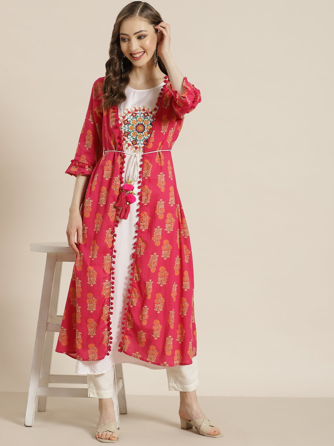 Women's Juniper Fuschia Rayon Embroidered Jacket Style Kurta