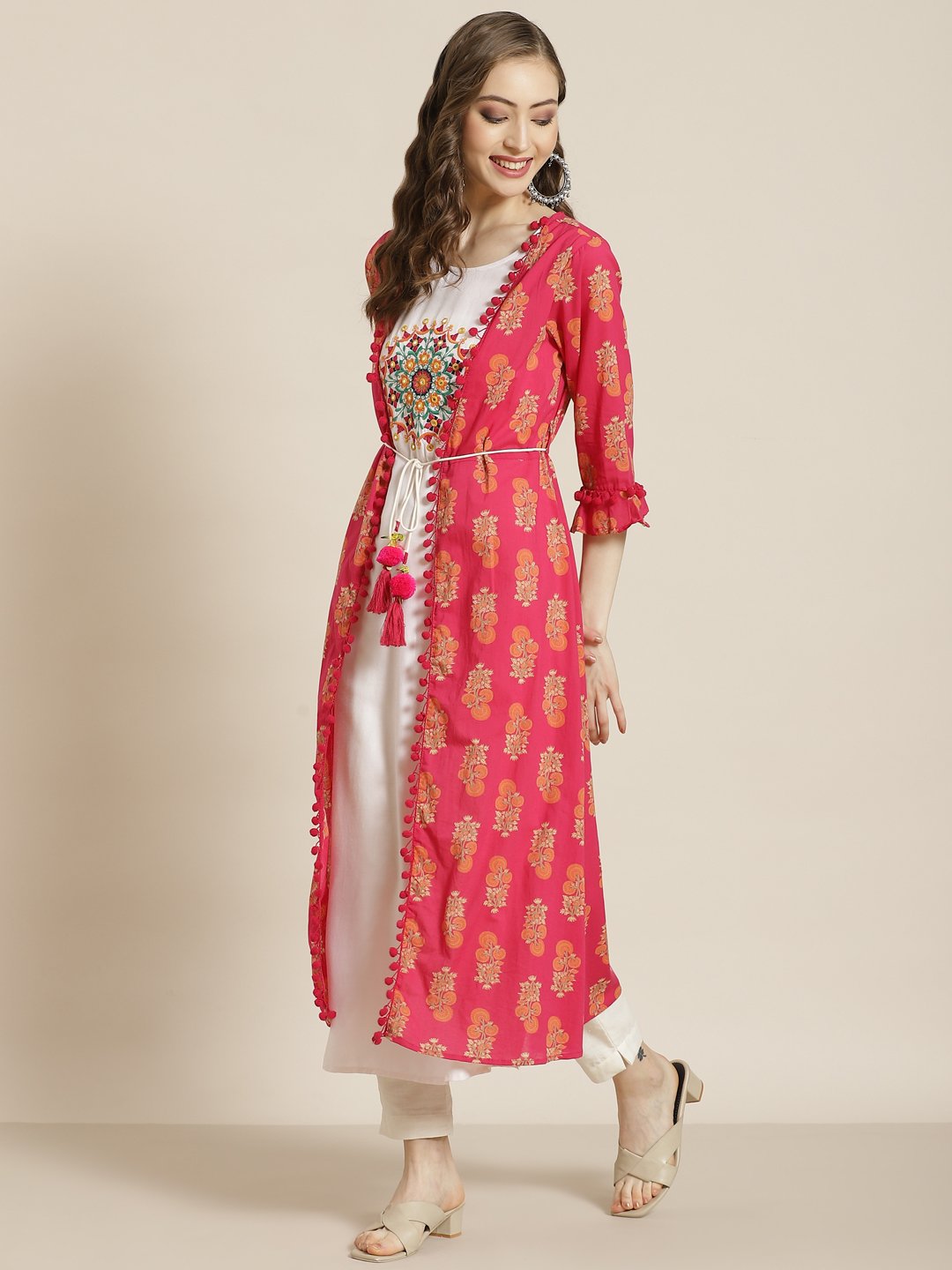Women's Juniper Fuschia Rayon Embroidered Jacket Style Kurta