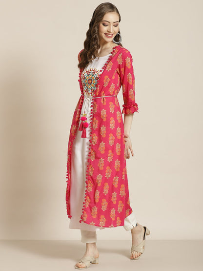 Women's Juniper Fuschia Rayon Embroidered Jacket Style Kurta