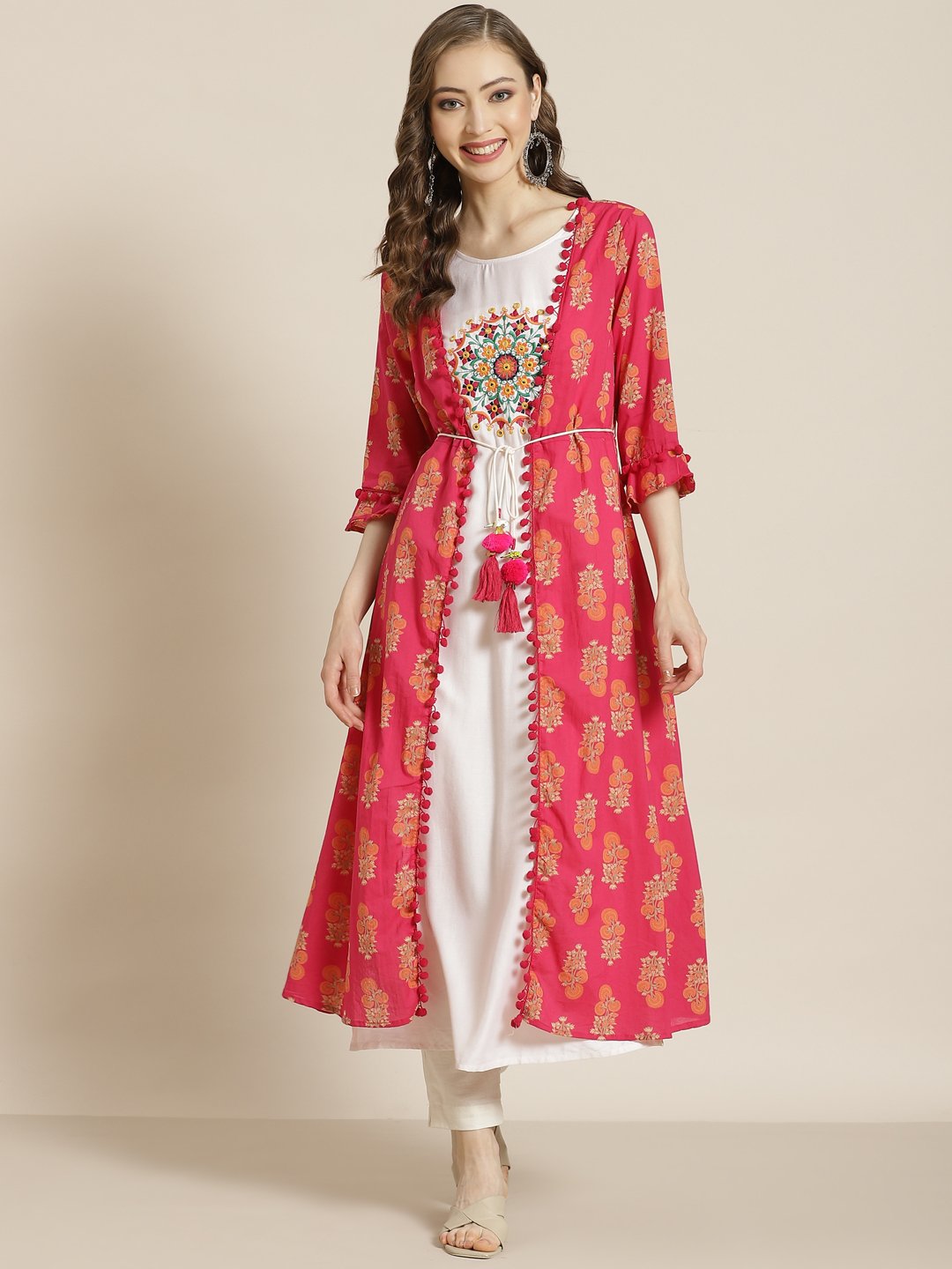 Women's Juniper Fuschia Rayon Embroidered Jacket Style Kurta