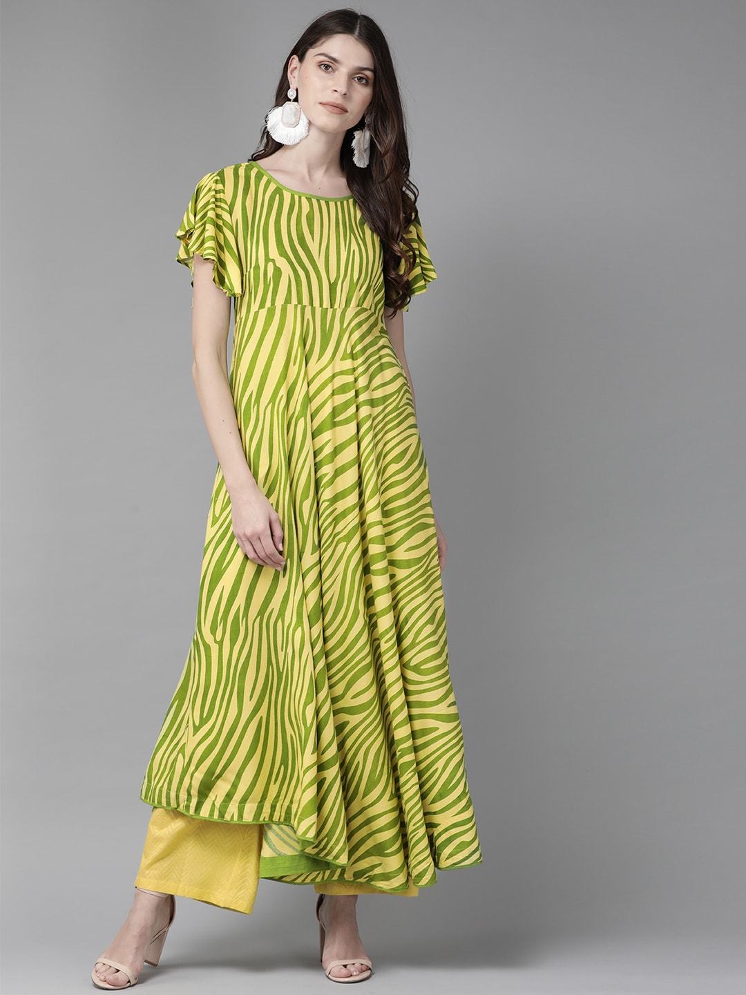 Women's  Yellow & Green Zebra Print Anarkali Kurta