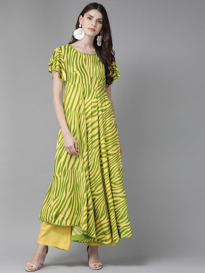 Women's  Yellow & Green Zebra Print Anarkali Kurta