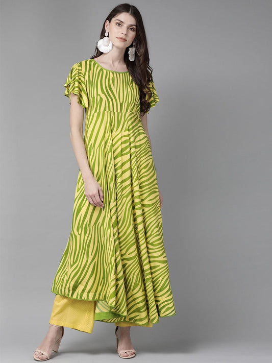 Women's  Yellow & Green Zebra Print Anarkali Kurta