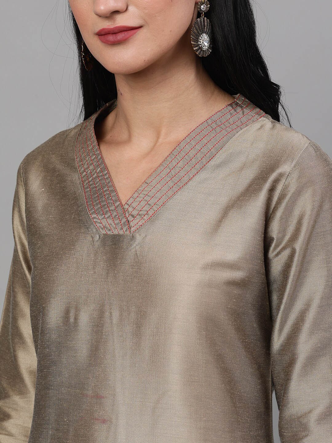Women's  Taupe Solid Kurta with Trousers & Dupatta