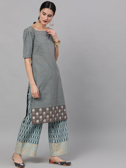 Women's  Grey & Blue Printed Kurta with Palazzos