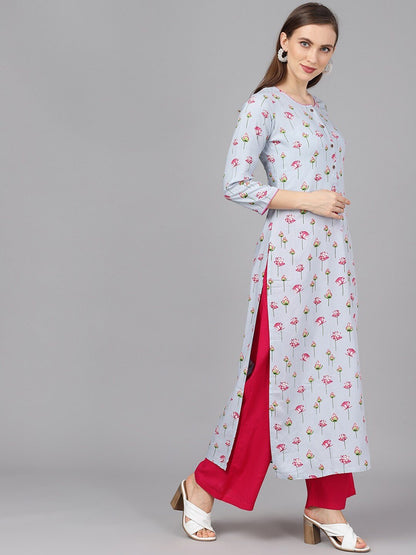 Women's  Blue & Pink Floral Print Straight Kurta