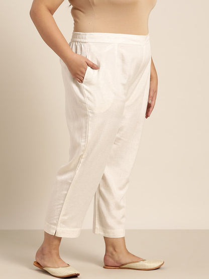 Women's Ivory Rayon Solid Straight Pants