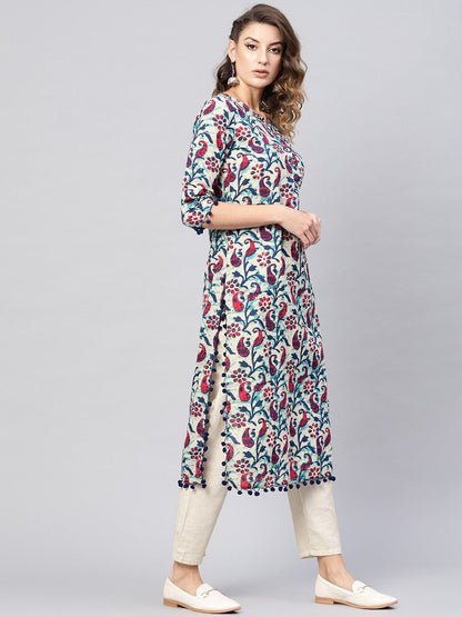 Women's  Grey & Navy Blue Printed Straight Kurta