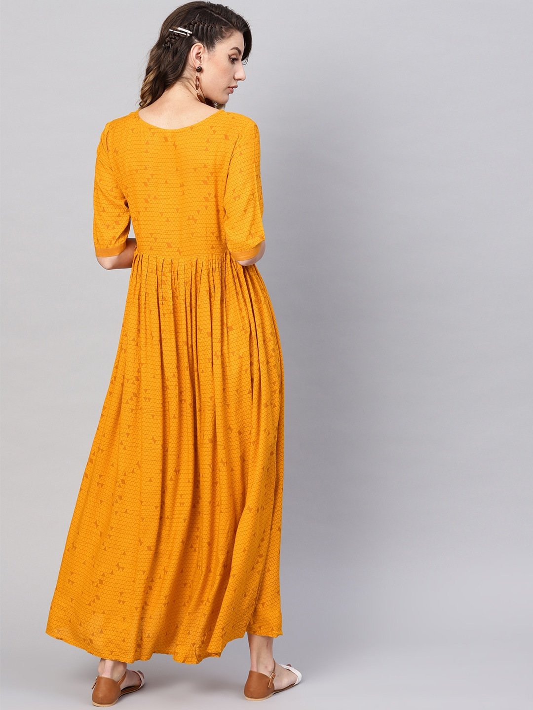 Women's  Mustard Yellow Printed Maxi Dress
