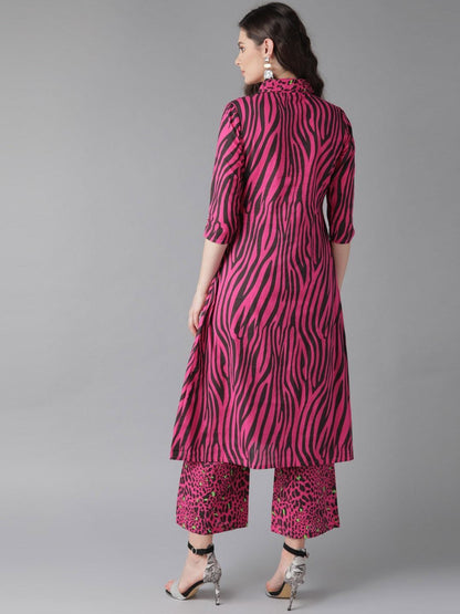 Women's  Pink & Black Animal Print Layered Kurta with Palazzos