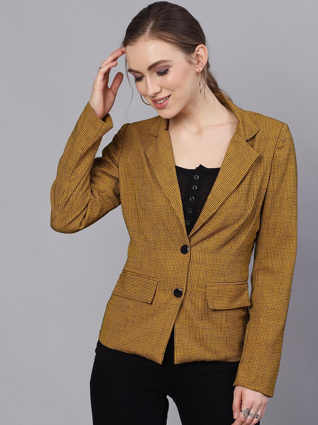 Women's  Mustard Checked Gingham Checked Blazer