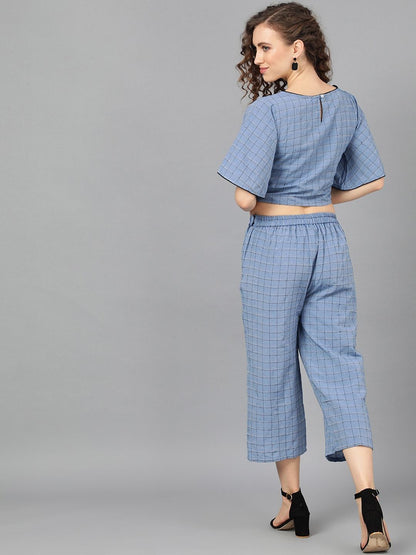 Women's  Blue & Black Checked Two-Piece Jumsuit