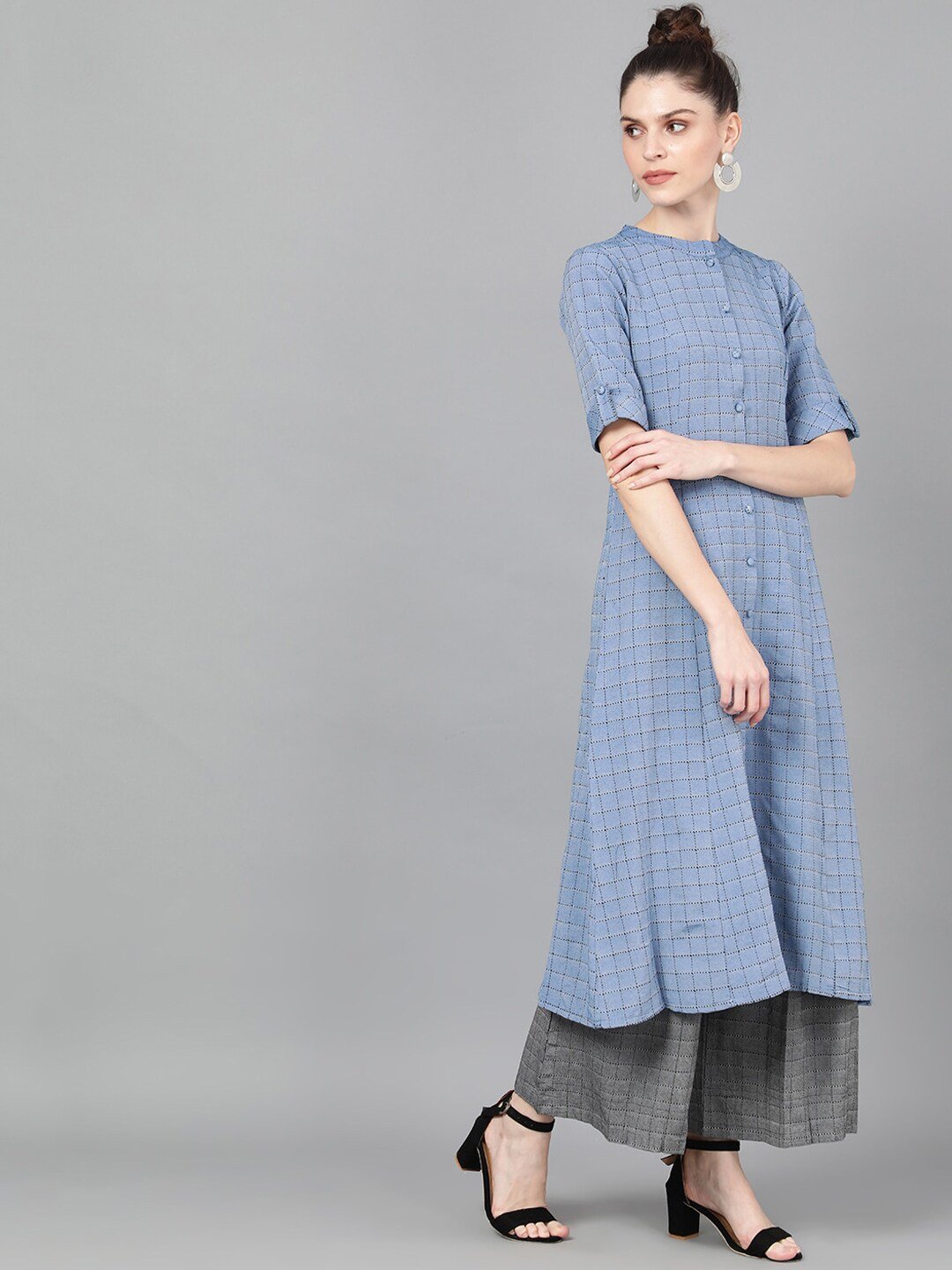 Women's  Blue Woven Design A-Line Kurta