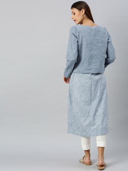 Women's  Blue Striped Straight Kurta & Jacket